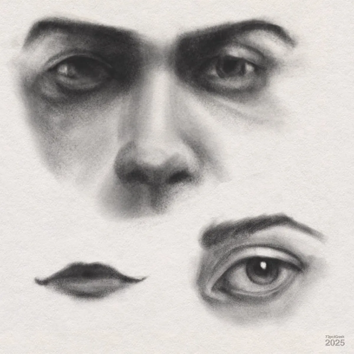 Digital graphite studies of facial features. The top half displays two eyes and a nose, rendered with soft shading. Below, separate from the upper features, are a pair of lips and a single eye with an eyebrow on the right side.