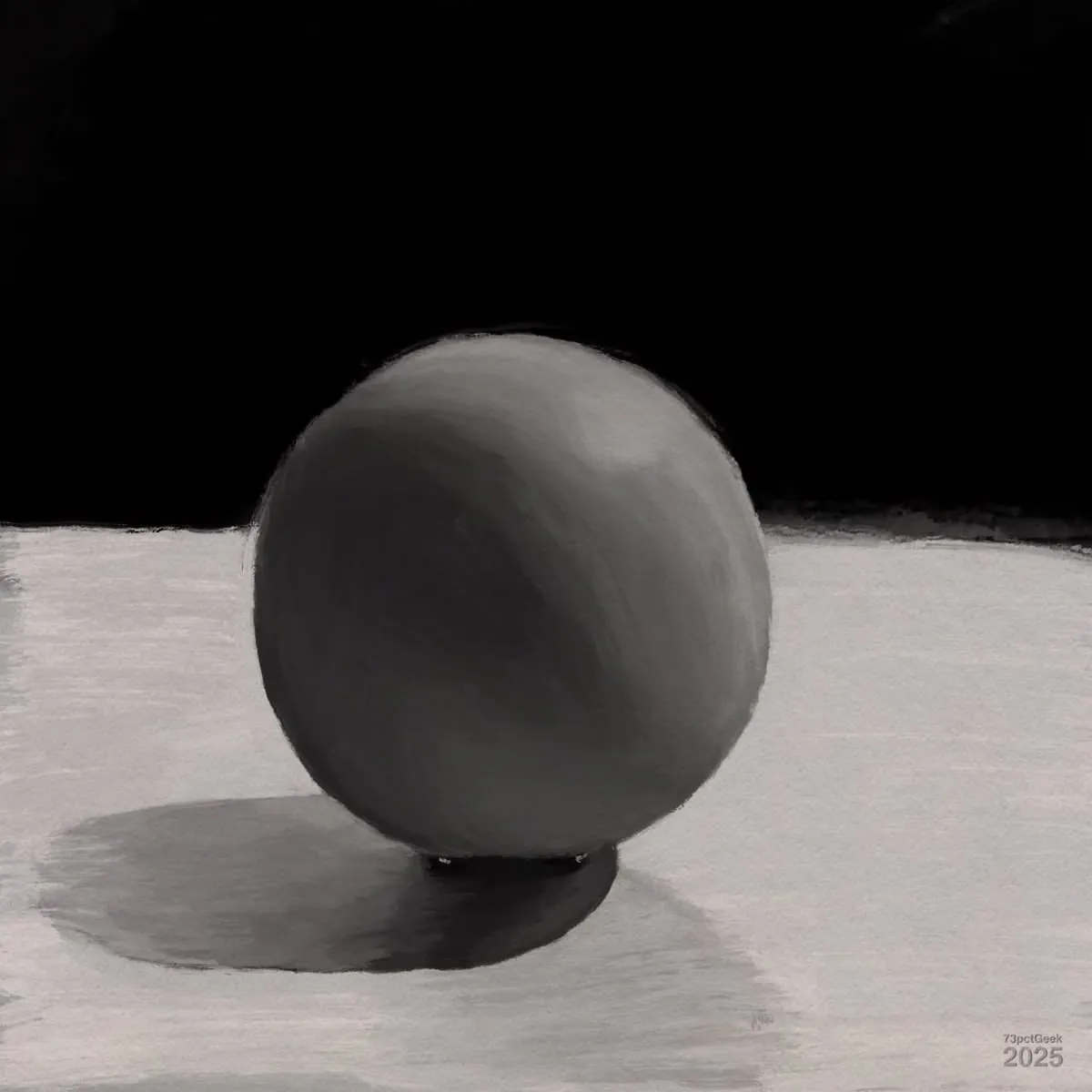 Digital paint study of a grey sphere on a flat, light gray surface with a strong, dark shadow cast to its left. The background is mostly black, creating a stark contrast with the lighter foreground.