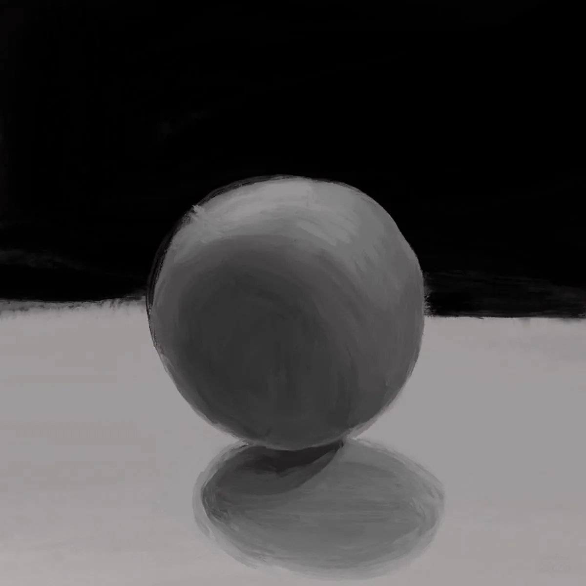 Digital paint study of a grey sphere on a flat, pale surface, against a dark background. The sphere is rendered in greyscale with soft shading, and it casts a soft, circular shadow on the surface it sits on.