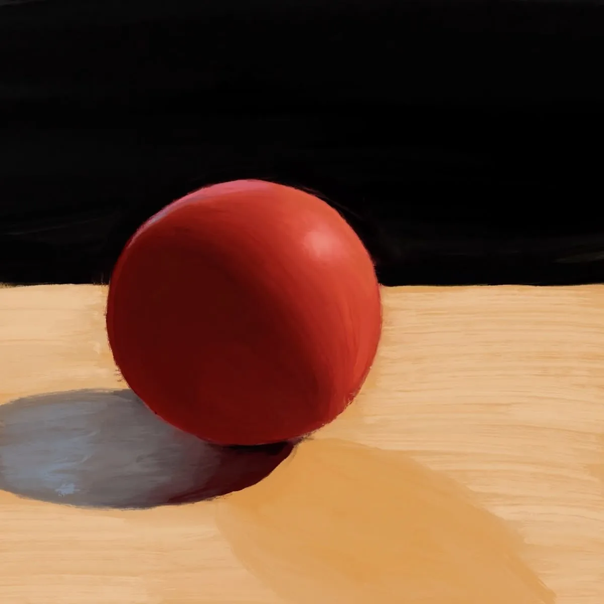 Digital paint study of a red sphere on a light surface, against a black background. The sphere casts a shadow to the left, and a faint one towards the bottom right. The lighting highlights the top right side of the sphere. The image has visible brush strokes in both the sphere and the surface.