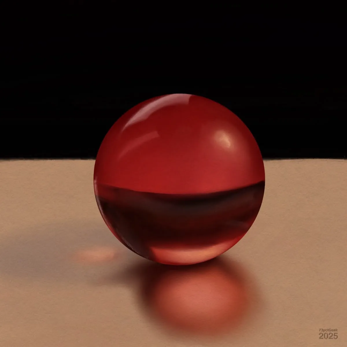Digital study of a shiny, translucent red glass sphere sitting on a flat beige surface. The sphere's surface reflects light, creating a bright highlight near its top. There is a soft, reddish shadow and reflection under the sphere. The background is black and contrasts strongly with the lighter foreground.