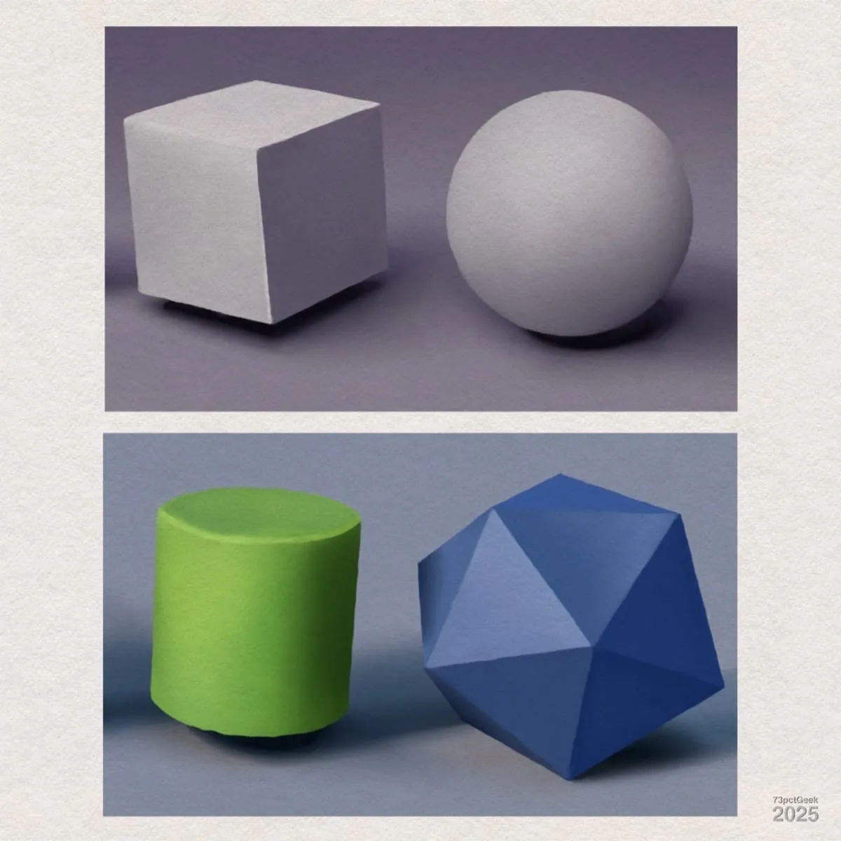 Digital colour and light studies of geometric shapes. In the upper section, there is a white cube on the left and a white sphere on the right. In the lower section, there is a green cylinder on the left and a blue polyhedron with multiple triangular faces on the right. All objects are softly lit, and shadows are visible below them.