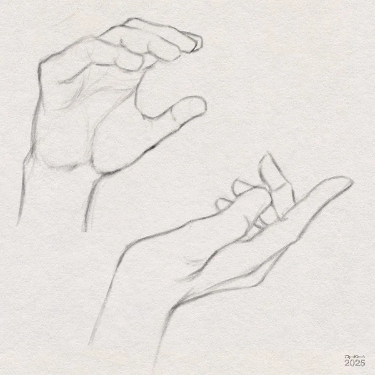 Digital graphite sketch of two hands. The hand at the top is shown with fingers curved inward and thumb extended, as if about to grasp something. The hand at the bottom is open with fingers gently bent, palm facing slightly upward.