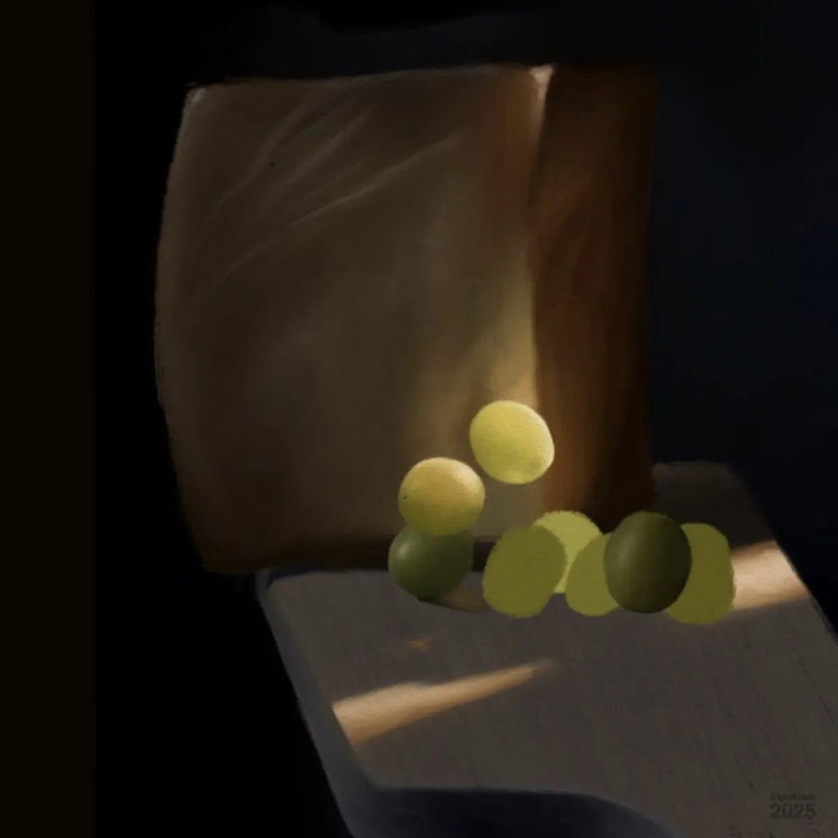 Unfinished colour study of a still life featuring a large brown bag, and a cluster of green grapes. The grapes are placed on a flat surface, illuminated by a soft, focused beam of light that casts gentle shadows. The background is dark, which highlights the contrast between the illuminated fruit and the surrounding shadows.