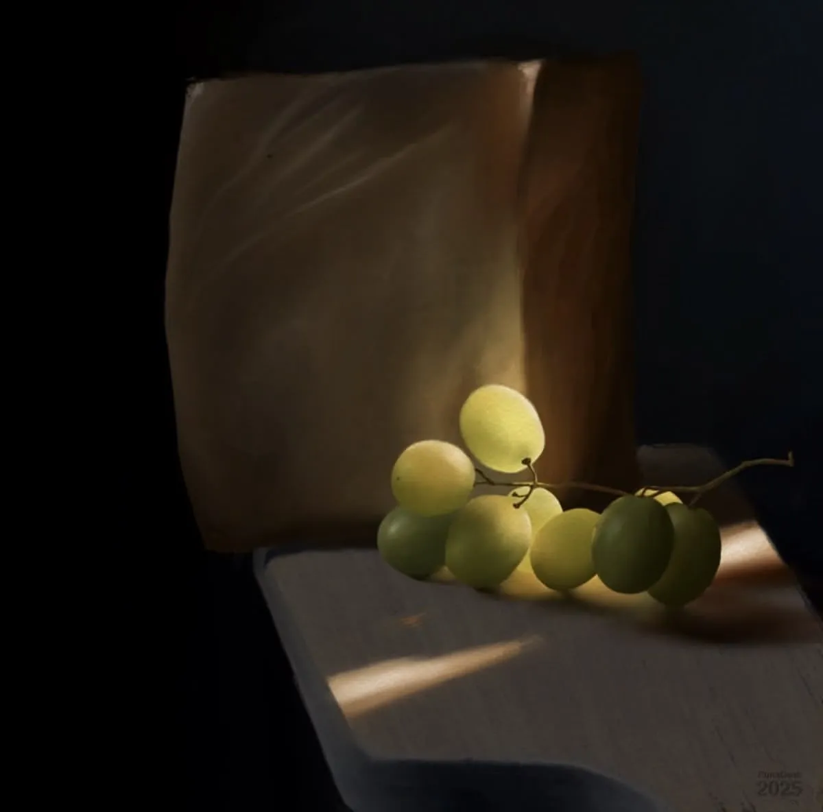 Unfinished colour study of a still life featuring a large brown bag, and a cluster of green grapes. The grapes are placed on a flat surface, illuminated by a soft, focused beam of light that casts gentle shadows. The background is dark, which highlights the contrast between the illuminated fruit and the surrounding shadows.