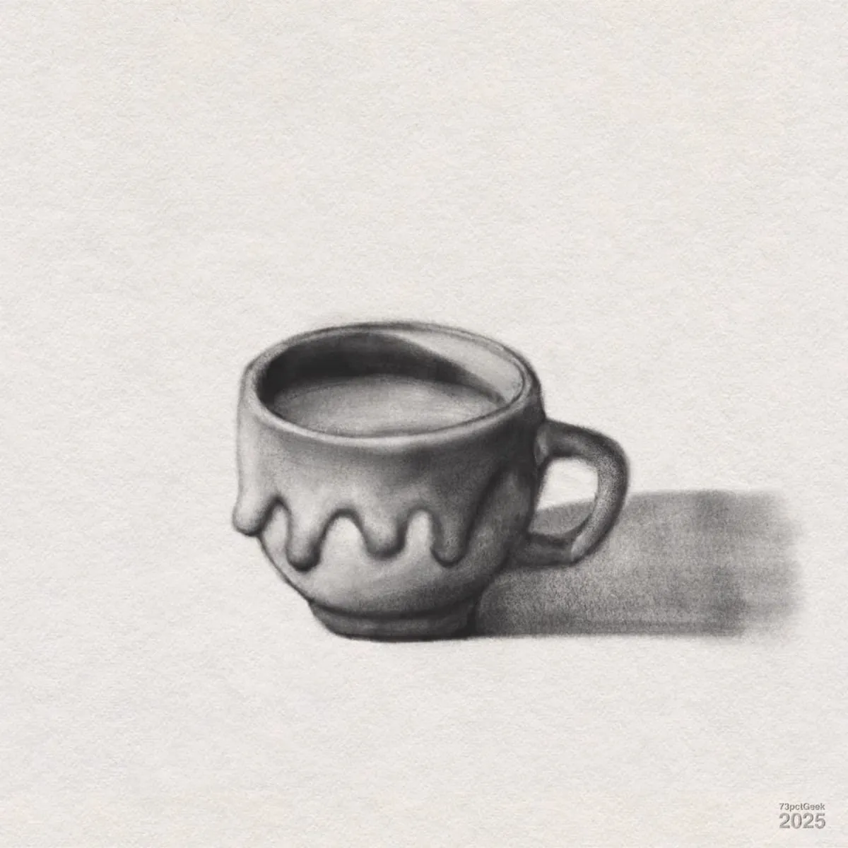 Digital graphite sketch of a ceramic mug with a handle, filled with liquid. The cup has a decorative, wavy pattern around its body, resembling drips running down the sides. A shadow stretches to the right of the cup.