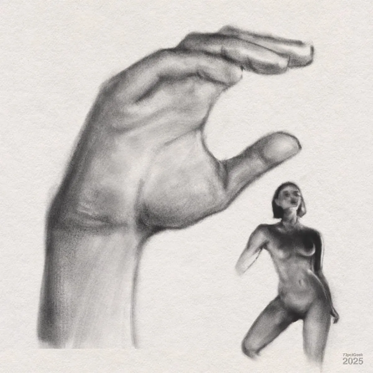 Digital graphite sketch of a hand positioned with fingers slightly apart, as if about to grasp something. In the lower right, there is an unfinished study of nude woman with short hair, standing and posing with one leg bent. The hand is much larger in scale compared to the woman.