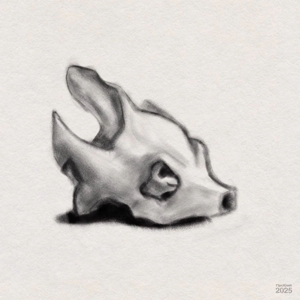 Quick digital graphite sketch of an animal skull, with prominent horns and a pronounced snout. The shading emphasizes the three-dimensional form and texture of the skull.