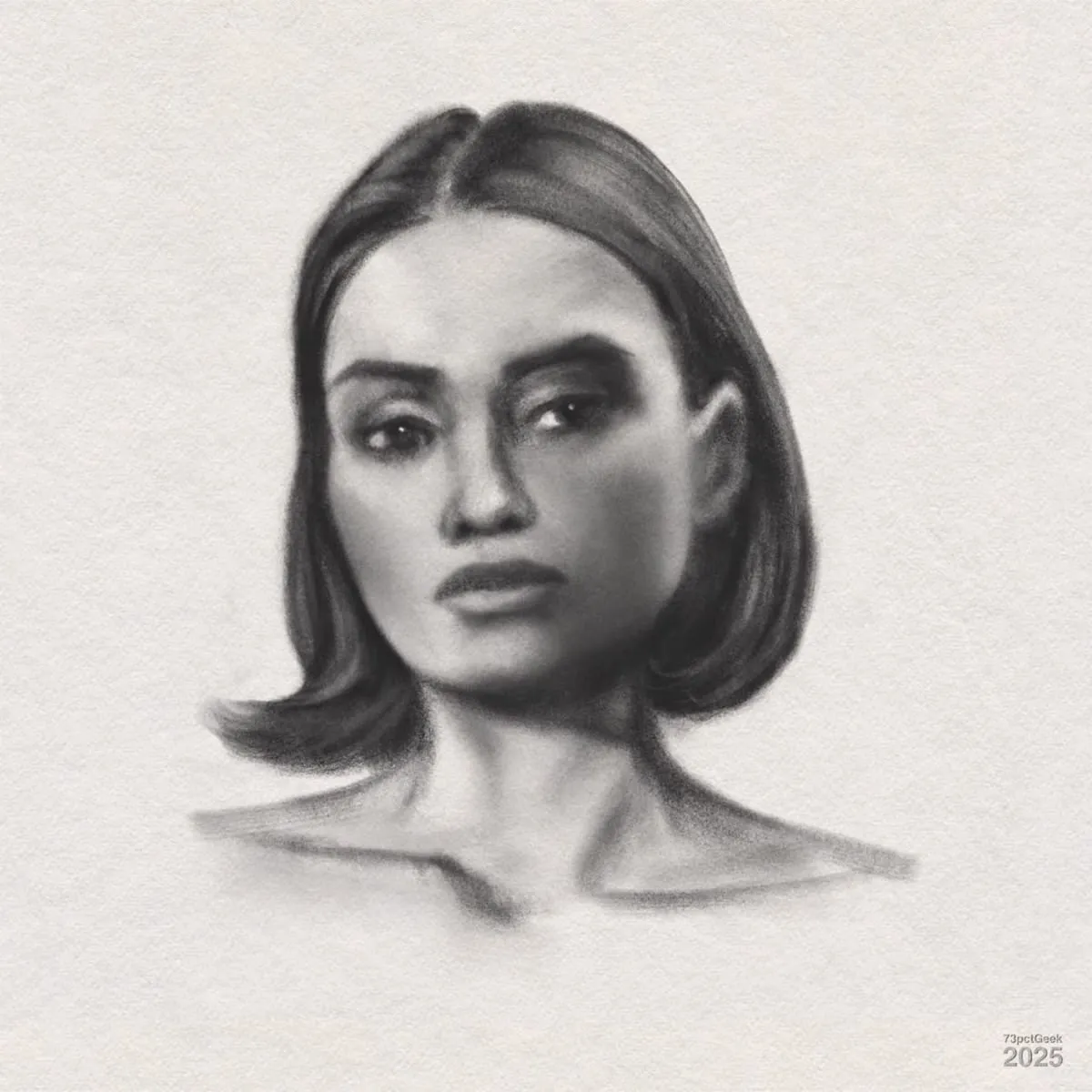 Digital graphite portrait sketch of a woman with straight, chin-length hair parted in the middle. The facial features are softly shaded, and her expression is neutral.