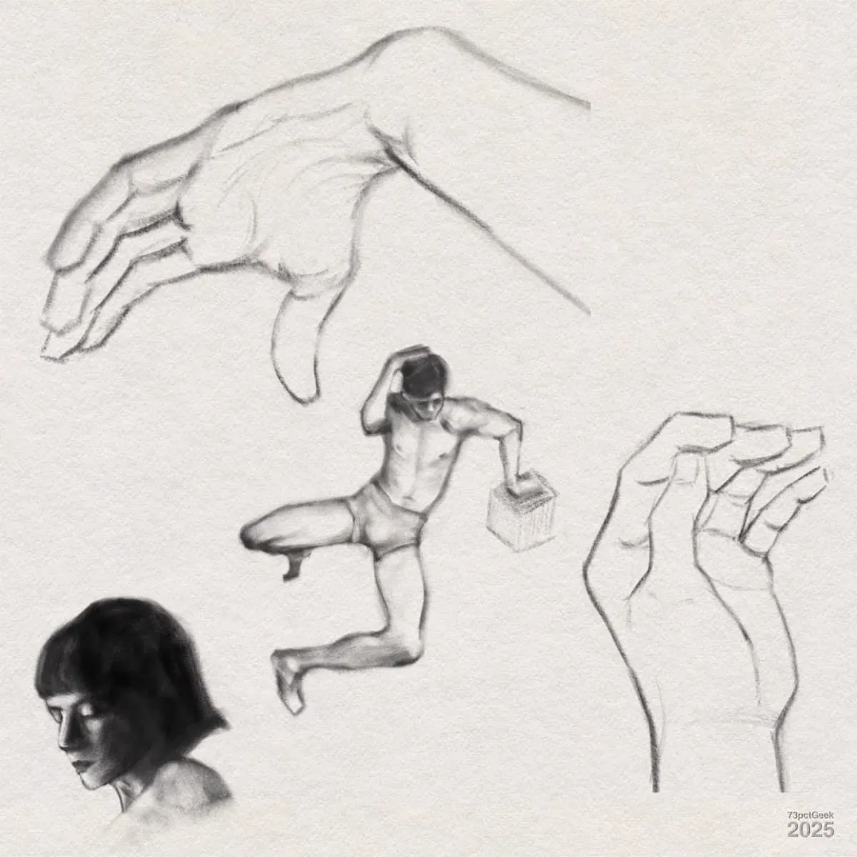Digital graphite studies of two hands, a male figure wearing tight briefs, legs somewhat splayed, one foot pointing forwards the other tucked under the bent leg. They are using one arm to prop themselves on a cube, and their other hand lies atop their head. In the lower left corner, there’s a shaded portrait of a person with short, dark hair looking downward.
