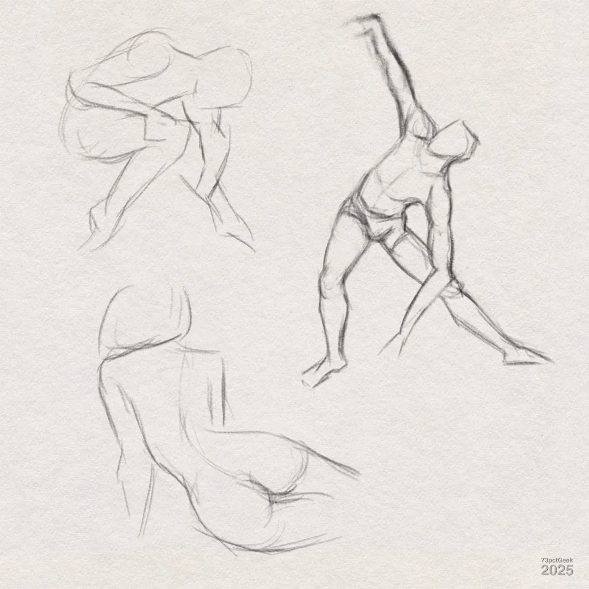 Quick digital graphite gesture sketches of human figures. The top left sketch depicts a person curled up, knees close to chest. The right sketch shows a standing figure stretching sideways with one arm extended upward and the other reaching down. The bottom left sketch displays a reclining figure facing away, emphasising the curve of the back and hip. The style is loose and expressive, focusing on form and movement rather than details.