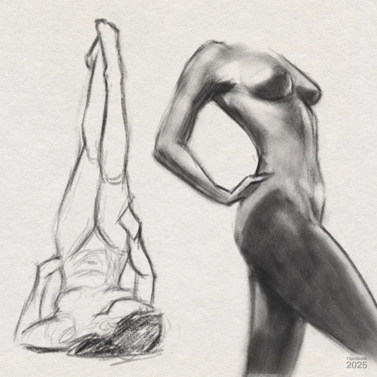 Digital graphite figure sketches. The left side shows a rough sketch of a nude figure lying on her back with legs extended upward, and arms supporting the body. The right side features a more detailed and shaded drawing of a nude torso and hip, standing with one hand on the hip and her other arm bent. Both sketches focus on the human form, with soft lines and shading to indicate body contours.