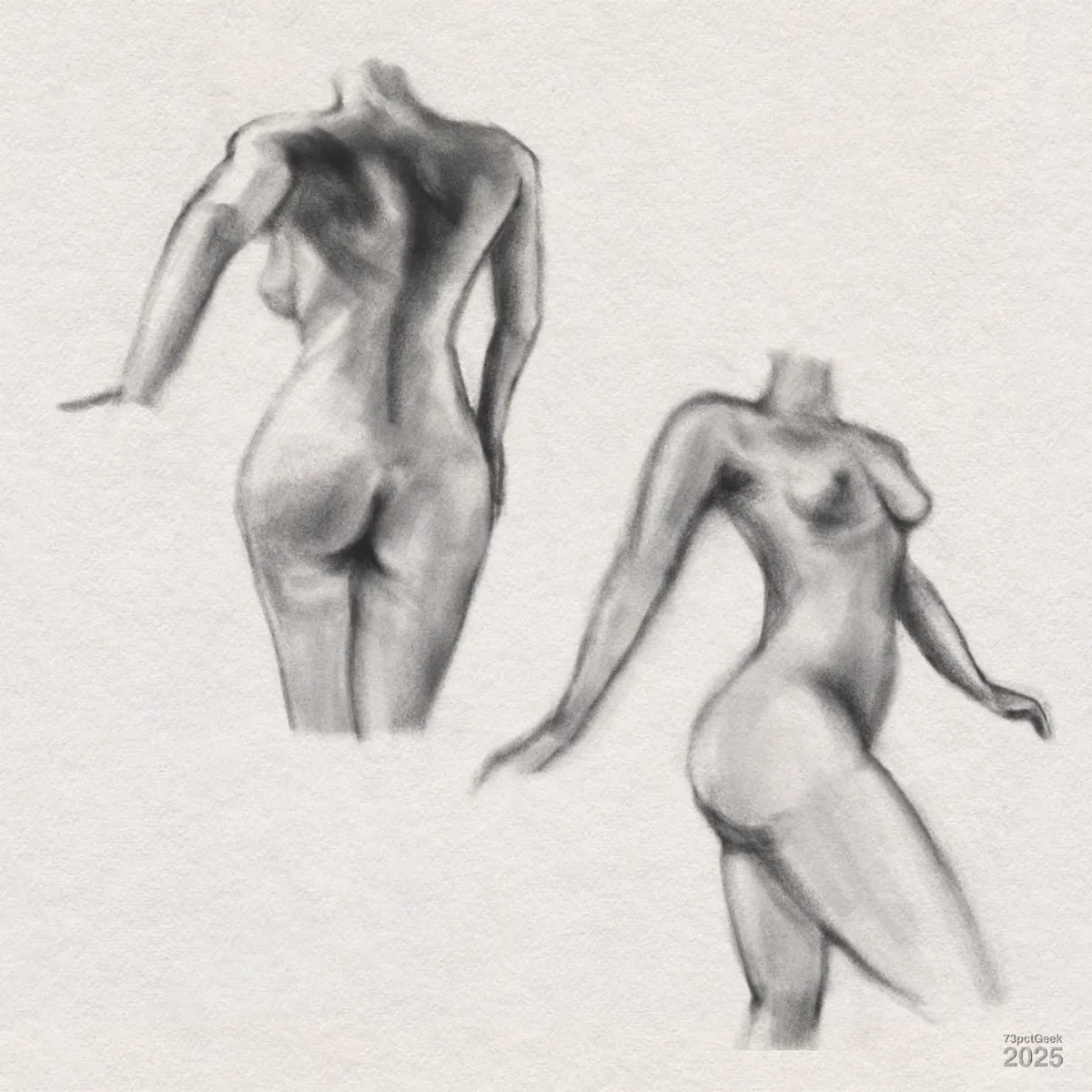 Digital graphite figure studies of two nude female bodies without heads and lower legs. The figure on the left is shown from the back with her right arm outstretched, weight resting on her right leg. The figure on the right is viewed from the front at an angle, right arm extended back, left arm bent forward, and body turned slightly to the left, displaying curves and subtle muscle definition. Both sketches focus on form and shading rather than fine details.