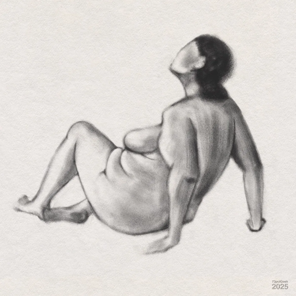 Digital graphite sketch of a nude woman seated with legs bent, arms extended behind for support, and head tilted slightly upwards. The drawing focuses on gentle shading and soft lines to emphasize the body's curves and natural form. No distinct facial features are visible. 
