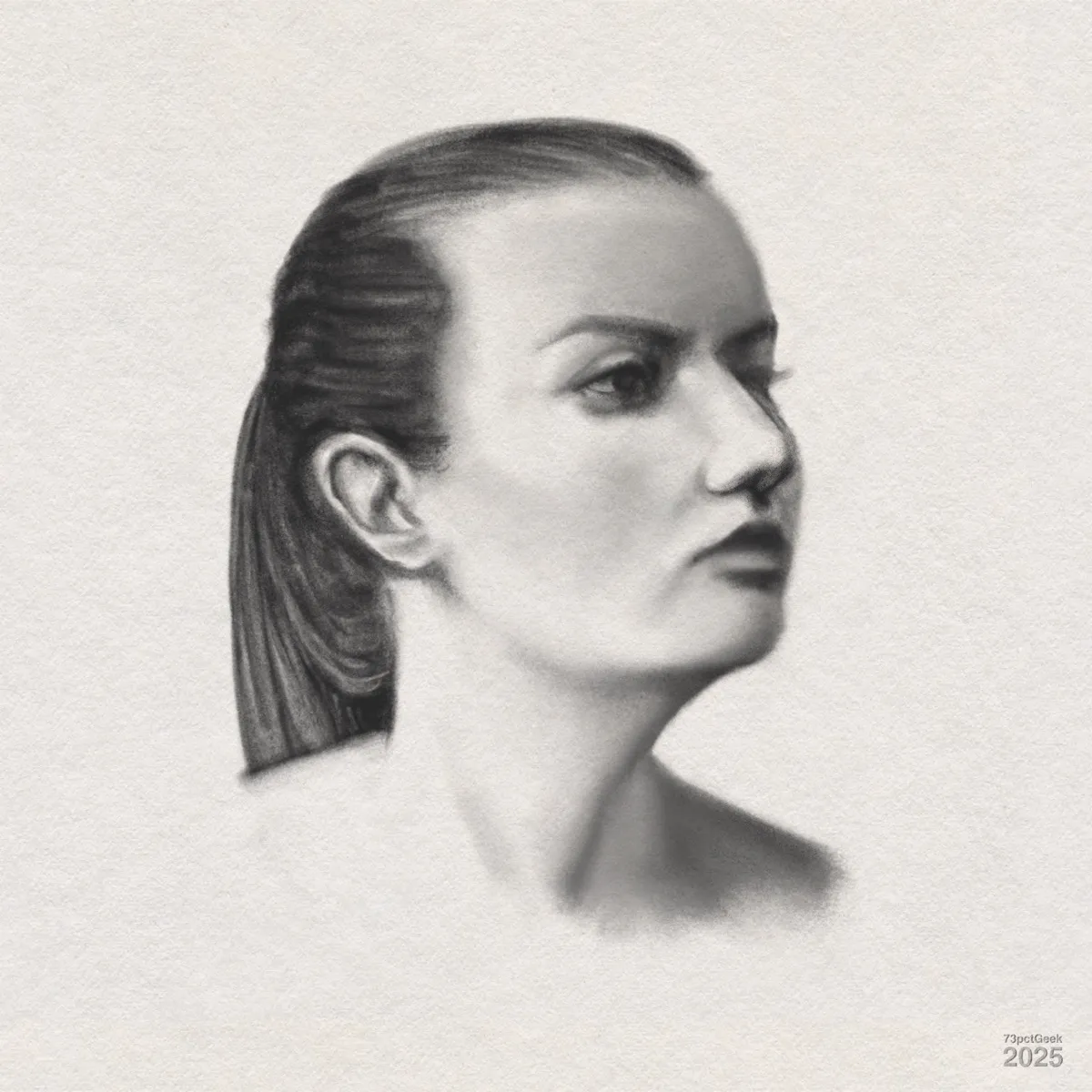 Digital graphite portrait of a woman with her head turned slightly to the side, showing her profile and strong facial features. Her long hair is pulled back smoothly, and the drawing has soft shading that highlights her cheekbones, nose, and jawline.