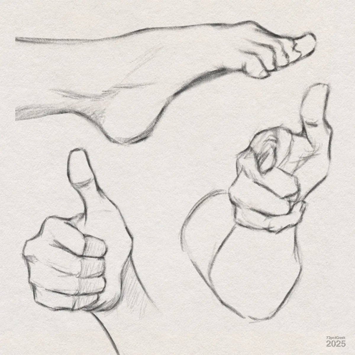 'Digital graphite sketches of a foot and two hands. The foot is shown from a side angle with toes pointing slightly upwards. One hand is making a thumbs up gesture, while the other is posed with the index finger extended and the thumb raised, similar to a hand sign for gun or pointing.'