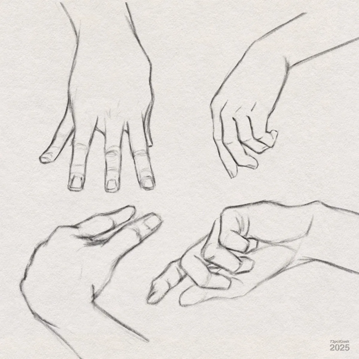 Digital graphite sketches of four different hand poses. Each hand is depicted in a unique gesture or angle: one with fingers spread and palm facing down, another hand with slightly curled fingers, a third with thumb and forefinger pointing out as if pinching, and a fourth with fingers loosely curled inward. The sketch attempts to capture the anatomy and curves of each hand.