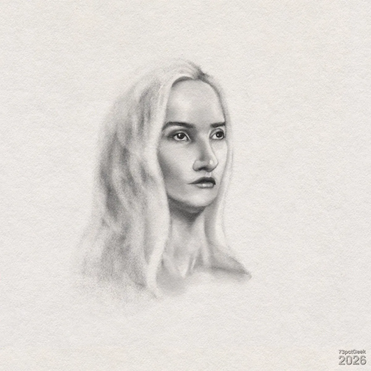 Digital graphite sketch of a woman’s head and upper shoulders. She has long, light hair, a straight nose, and her lips are relaxed in neutral expression. The shoulders and hair fades into the background. Watermarked: 73pctGeek 2026