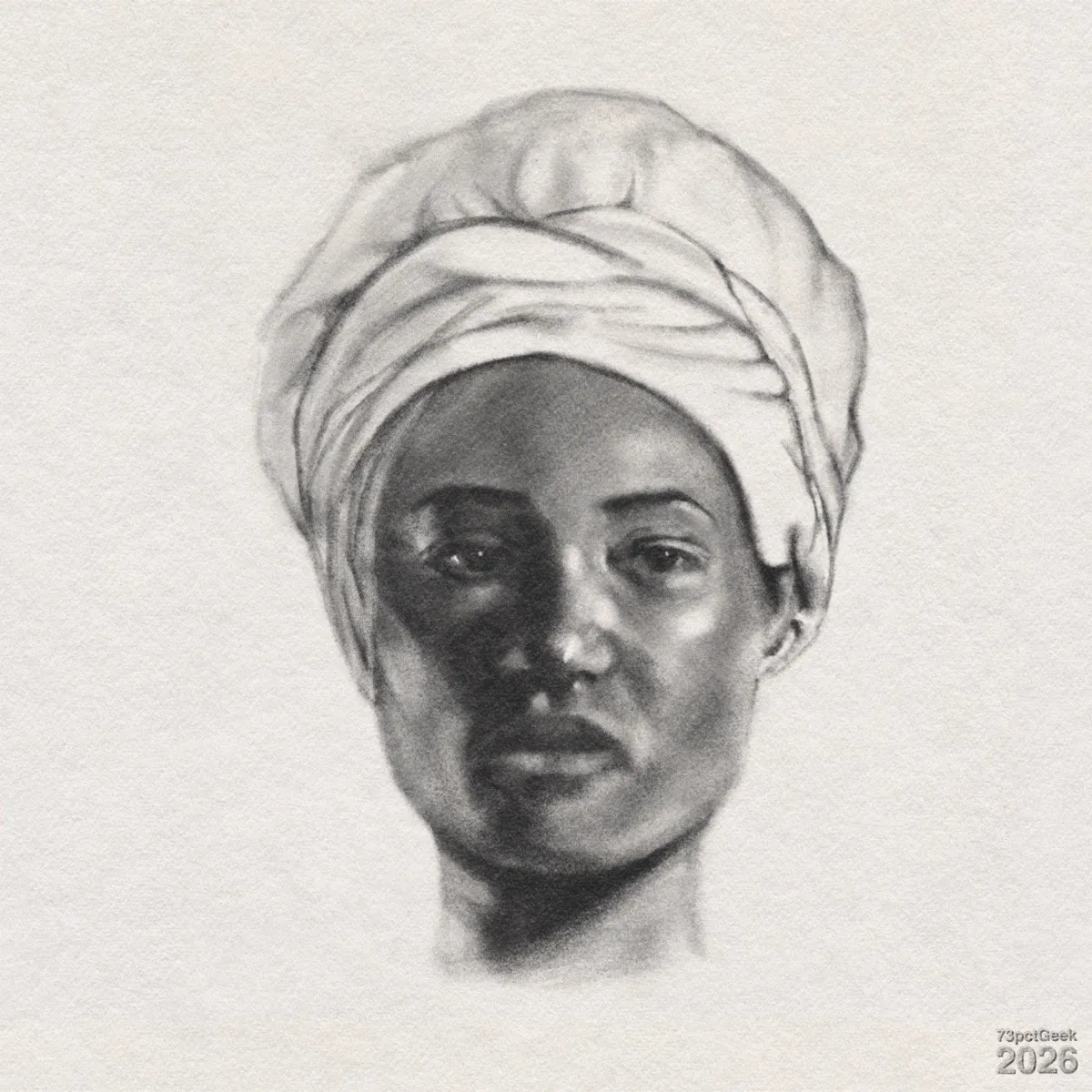 "Digital graphite sketch of a Black woman’s face and upper neck. She is depicted facing forward, and is wearing a head wrap. Watermarked: 73pctGeek 2026."