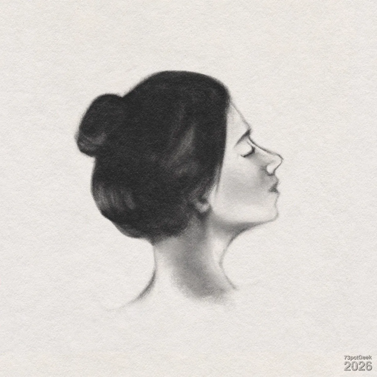 Digital graphite portrait of a young woman in profile, facing right. Her dark hair is pulled into a bun, and her eyes are closed. Watermarked: 73pctGeek 2026