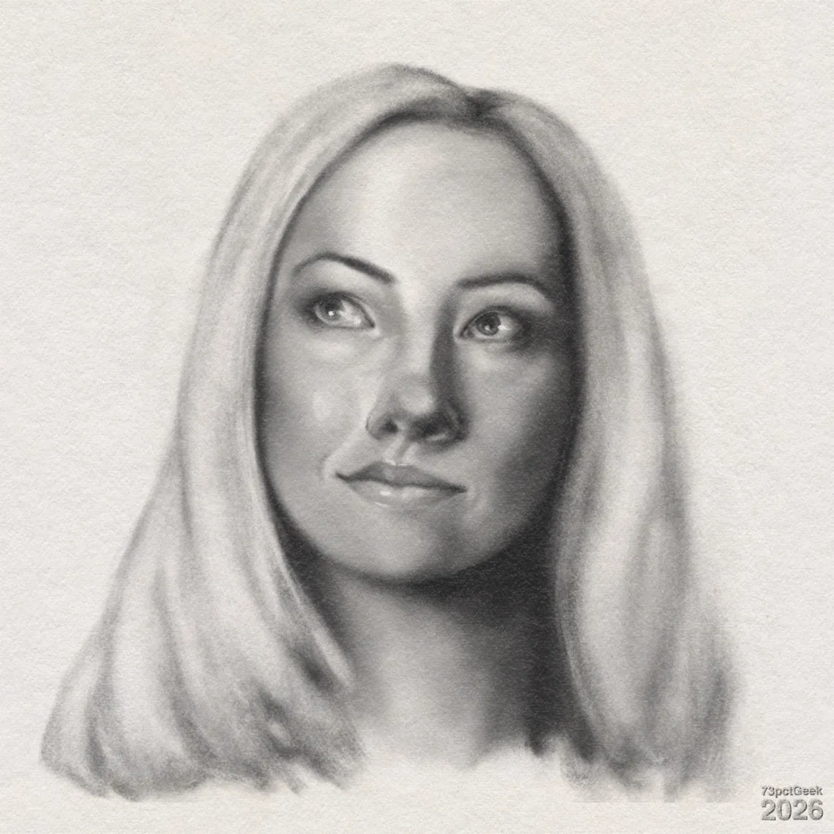 Digital graphite portrait of a woman. She has long, straight hair worn loose. She’s looking slightly upwards to the left, and her mouth is slightly pulled up on one side in a faint lopsided smile. Watermarked: 73pctGeek 2026