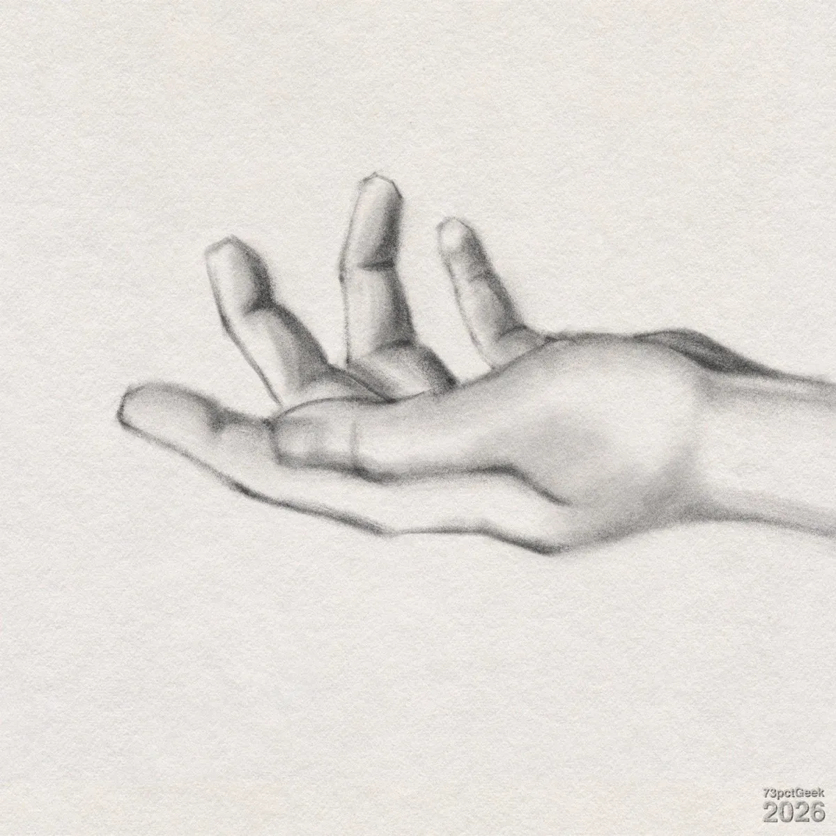 Digital graphite sketch of a hand shown palm-up, fingers loosely curled upward. Watermarked: 73pctGeek 2026. 