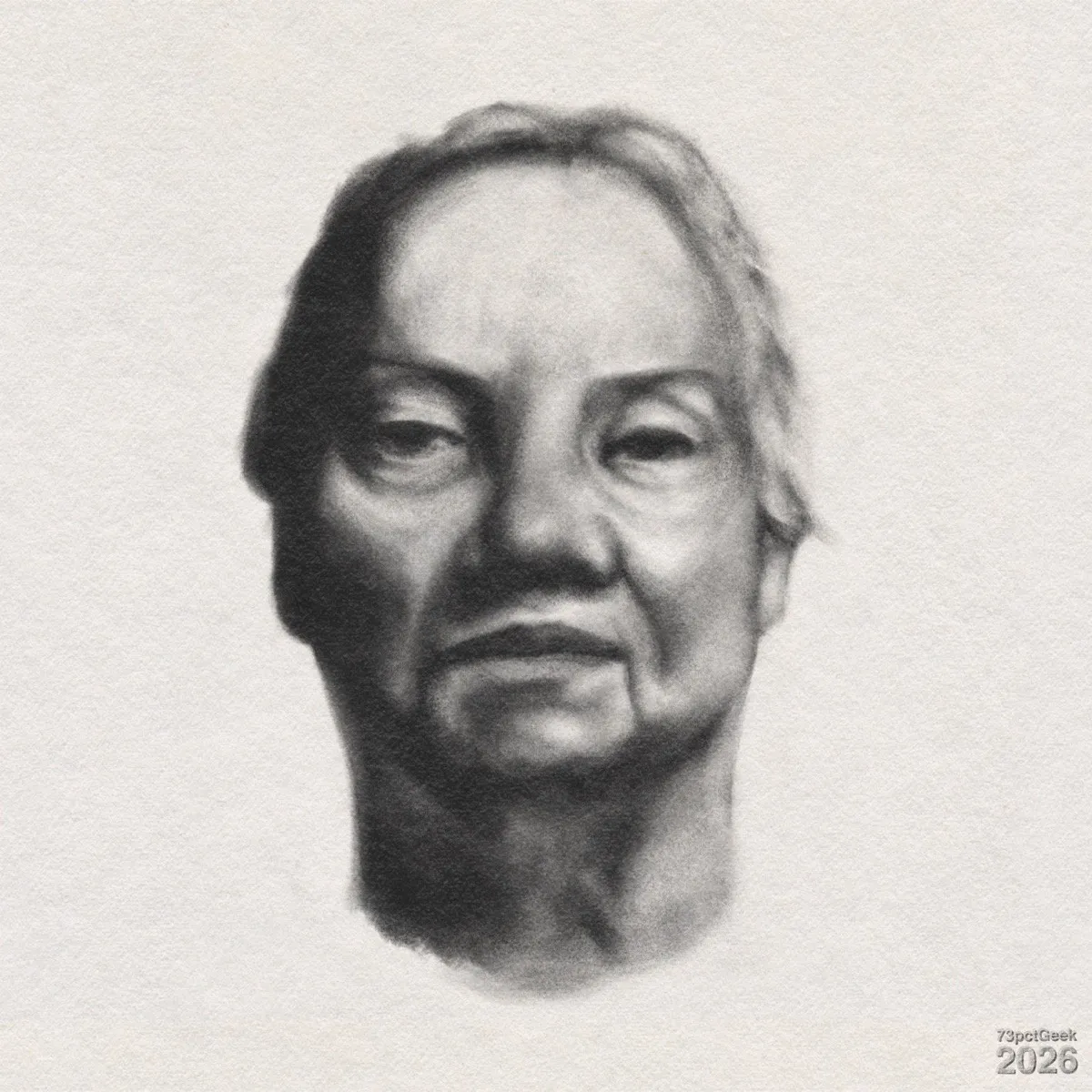 Digital graphite portrait of an older woman’s face and upper neck. Watermarked: 73pctGeek 2026.