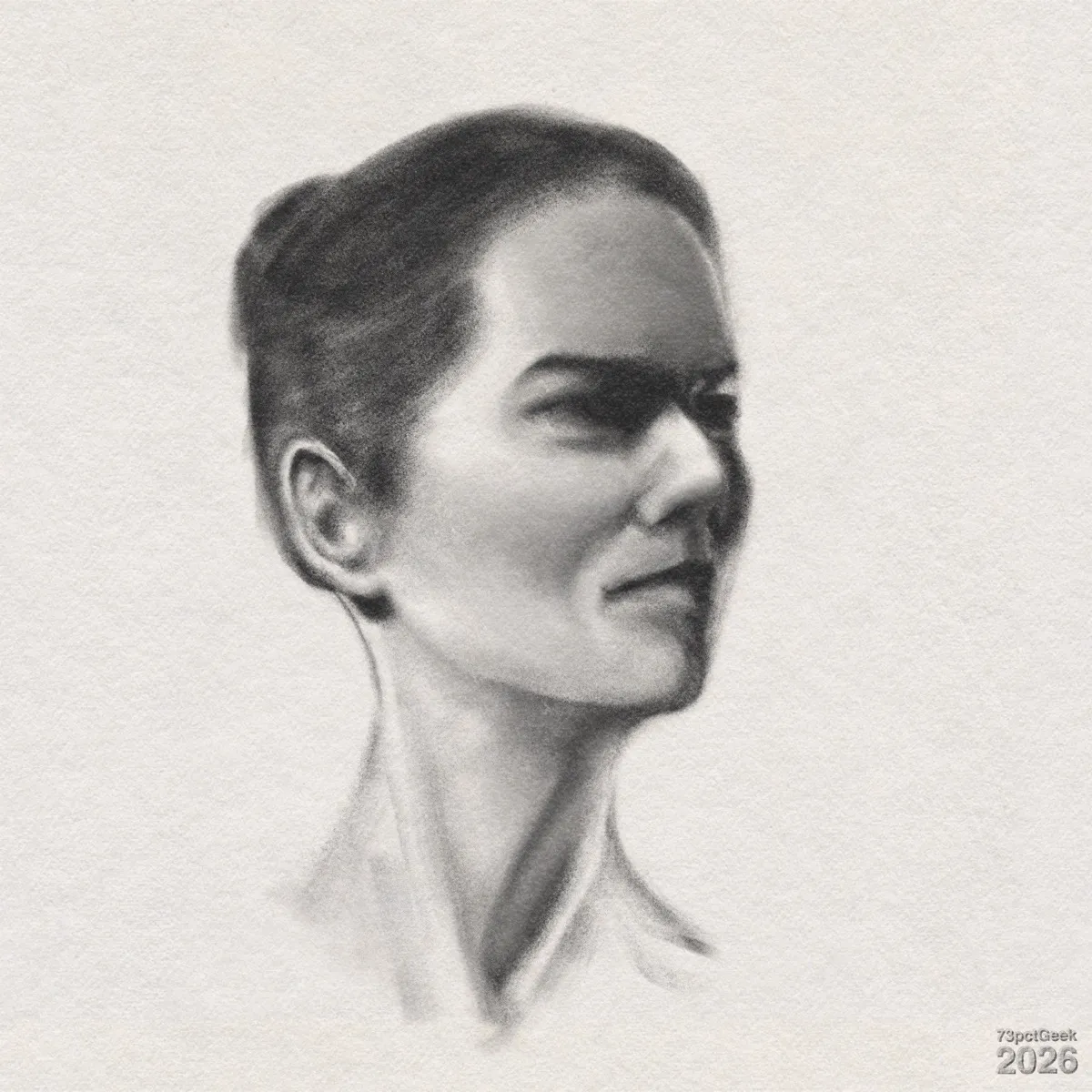 Quick digital graphite portrait sketch of a woman’s head and neck in three-quarter profile, facing right. Her hair is dark and worn pulled back. Watermarked: 73pctGeek 2026