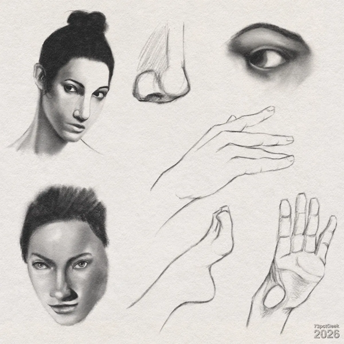 Digital graphite sketches of two unfinished women’s faces, studies of two hands, a foot, a nose, and an eye. Watermarked: 73pctGeek 2026. 