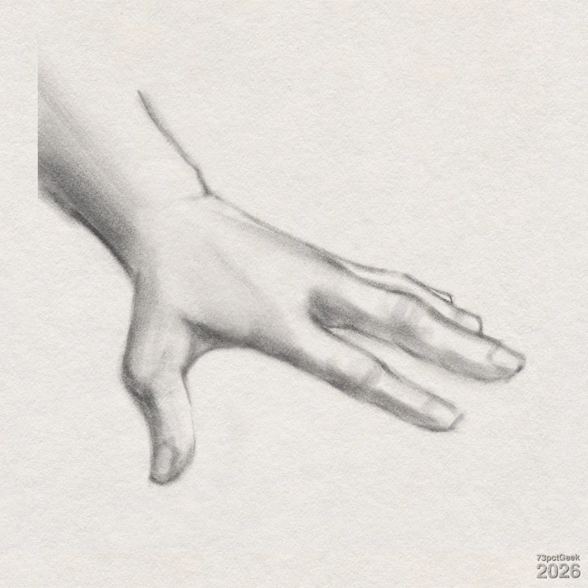Quick digital graphite sketch of a hand shown palm-down, fingers loosely slayed. Watermarked: 73pctGeek 2026. 