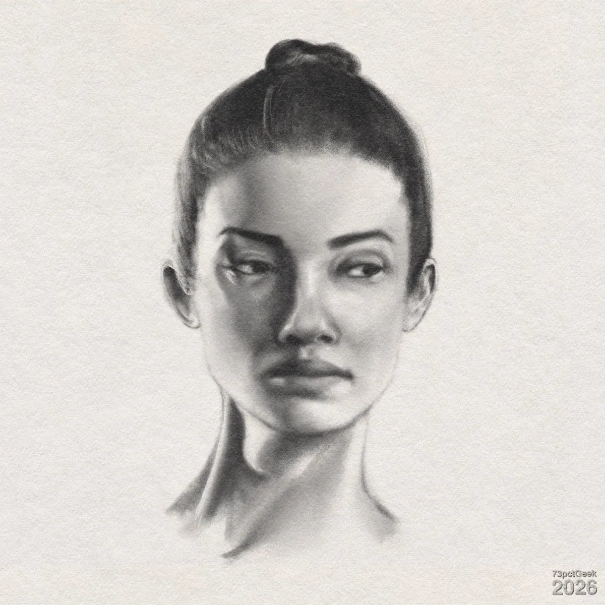 Digital graphite portrait sketch of a woman’s head and neck. Her dark hair is pulled back into a bun, and her face is turned slightly to the side with her eyes looking off to the right. Watermarked: 73pctGeek 2026. 