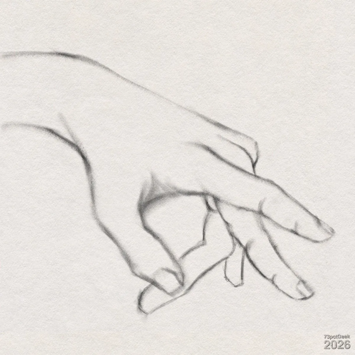 Quick digital graphite sketch of a hand shown palm-down, fingers loosely curled. Watermarked: 73pctGeek 2026. 