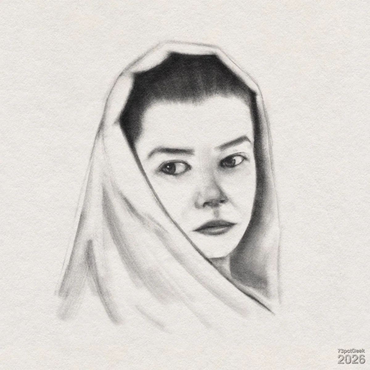 Digital graphite sketch of a young woman’s face. She has pulled back dark hair, dark eyebrows, dark eyes, a straight nose, and her lips are closed in a neutral expression. Her head is draped in a headscarf which forms a soft triangular frame around her face with shaded folds. Watermarked: 73pctGeek 2026.