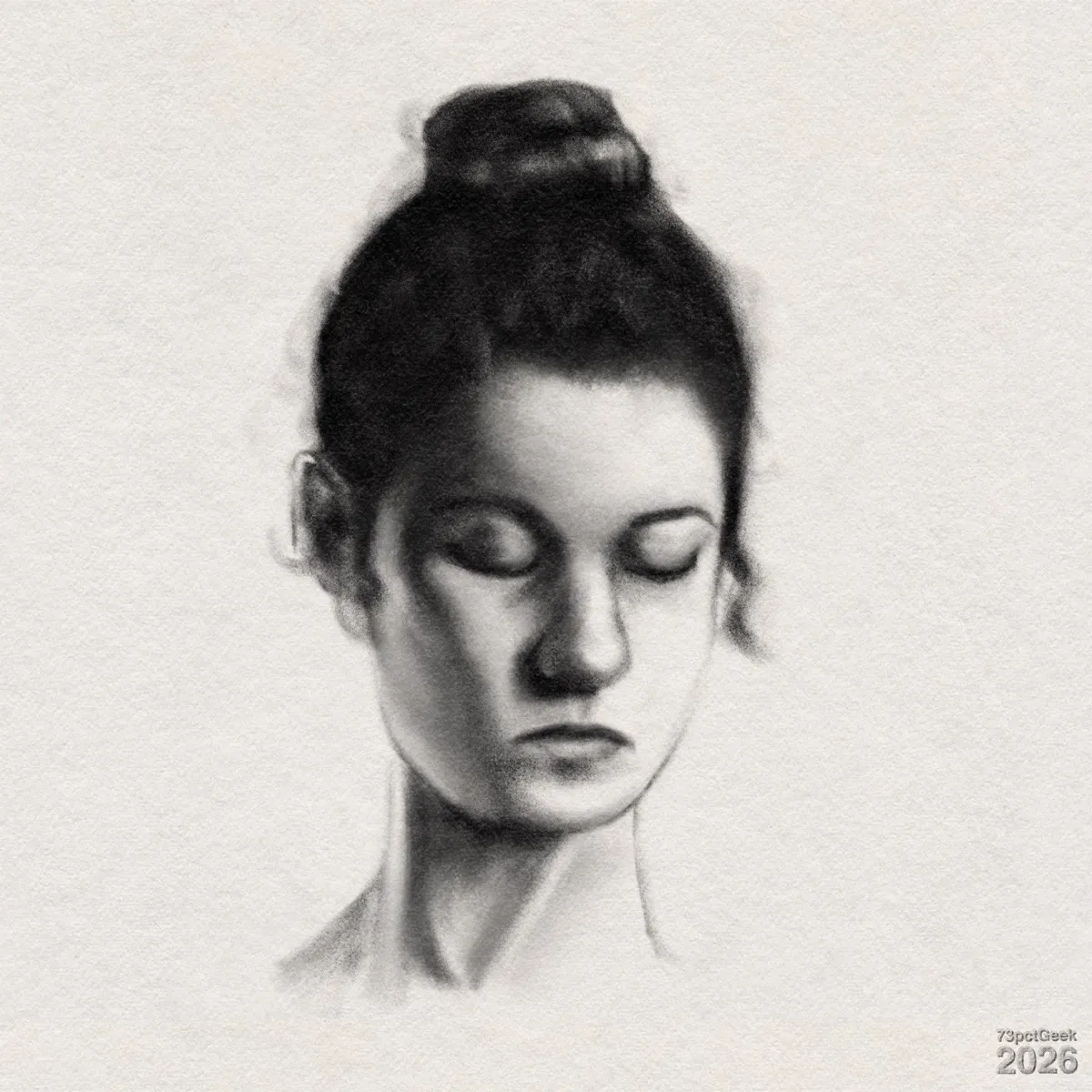 Digital graphite portrait sketch of a young woman’s head and upper neck. Her dark hair is pulled up into a bun, with a few loose strands near the ears. Wearing a neutral expression, her face is turned slightly downwards, and her eyes are closed. Soft, smudged shading attempts to convey form. Watermarked: 73pctGeek 2026. 