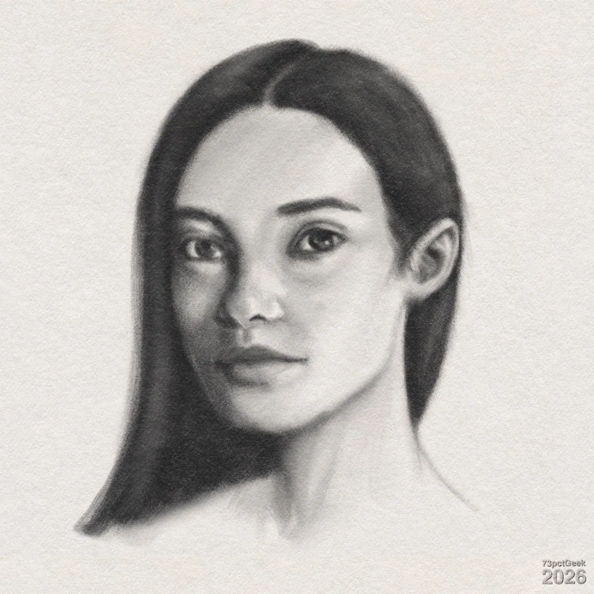 Digital graphite, slightly stylised, sketch of a young woman’s head and upper shoulders. She has dark, straight hair parted in the center, most of it falls behind the left side of her head and down past her shoulder line. She is turned slightly to her right, her left ear is visible, and she has dark eyebrows, large eyes, a straight nose, and closed, relaxed lips. Watermarked: 73pctGeek 2026. 