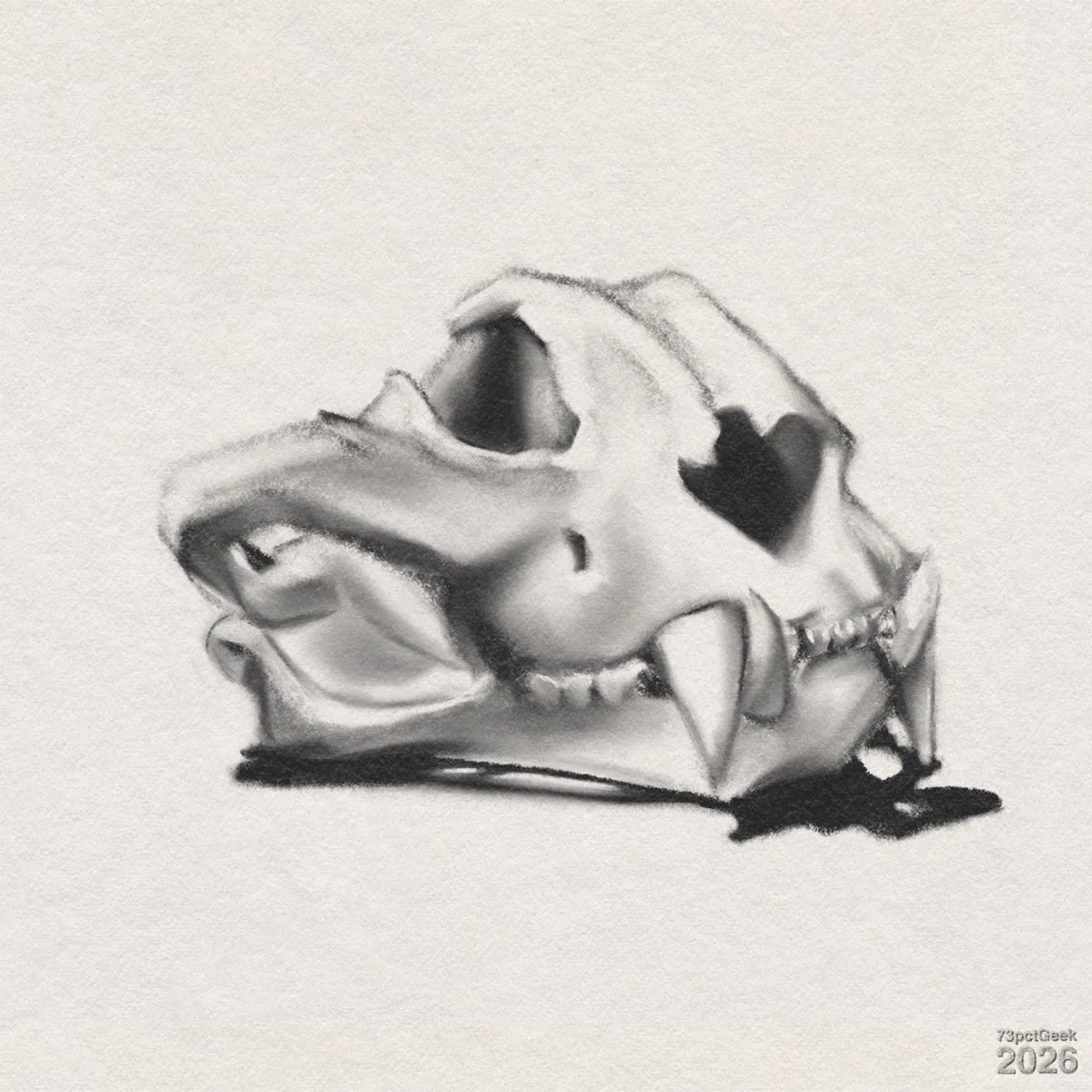 Digital charcoal sketch of an animal skull with large fangs. Seen from the side, it has an eye socket and the nasal opening visible. Watermarked: 73pctGeek 2026. 