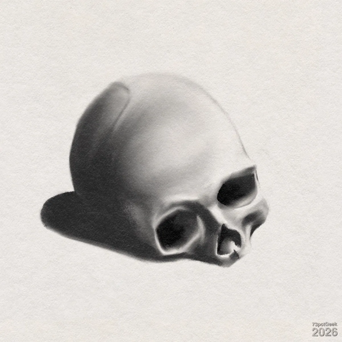 Digital charcoal sketch of a human skull resting at an angle, on its side. It lacks a lower jaw, and has dark eye sockets, a triangular nasal opening, and smooth shading across the rounded top. A soft, dark shadow extends to the left of the skull. Watermarked: 73pctGeek 2026. 