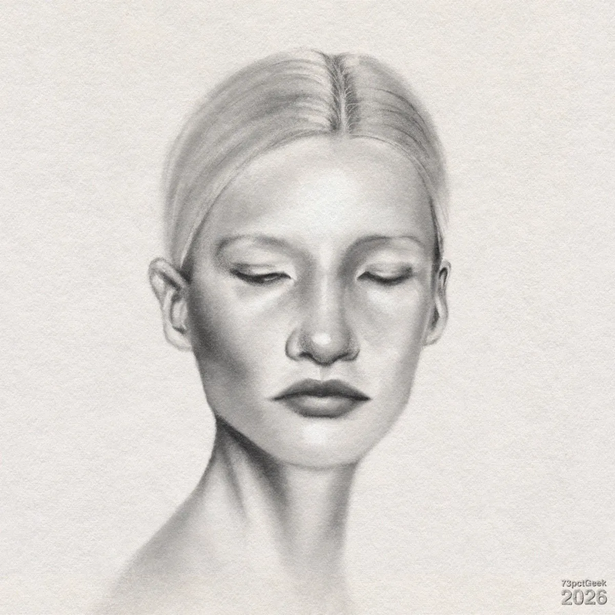 Digital graphite portrait of a woman’s face and neck. Her light hair is pulled back with a centre part, and she has neutral expression. Watermarked: 73pctGeek 2026.