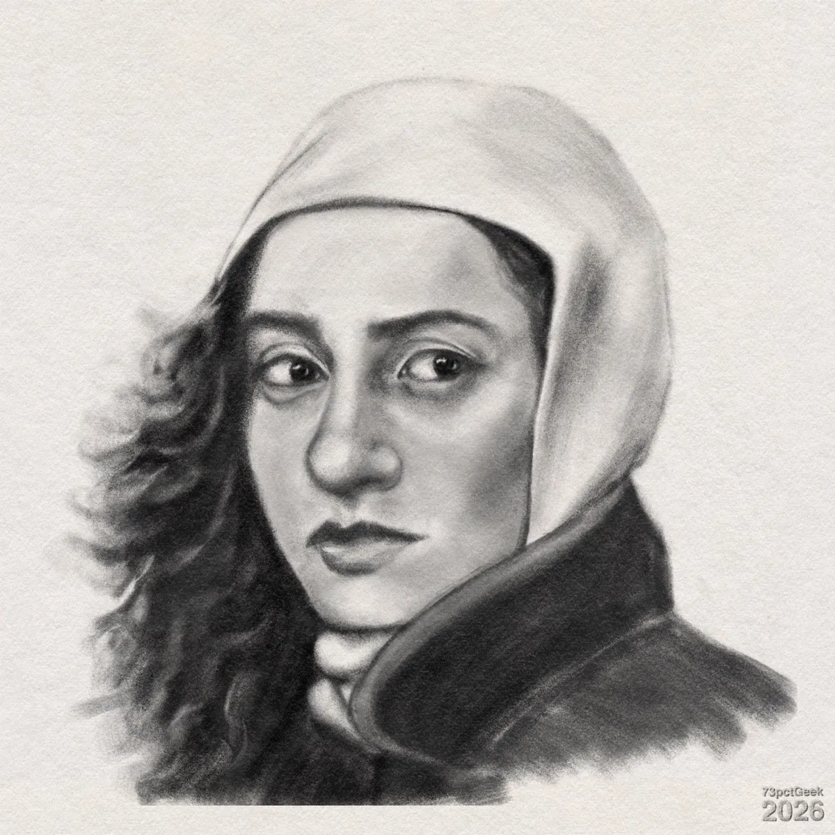 Digital graphite portrait of a woman wearing a headscarf and a dark coat with a turned up collar. She is glancing to the left, and looks somewhat serious. One side of her dark, wavy hair spills out from under the scarf. Watermarked: 73pctGeek 2026.