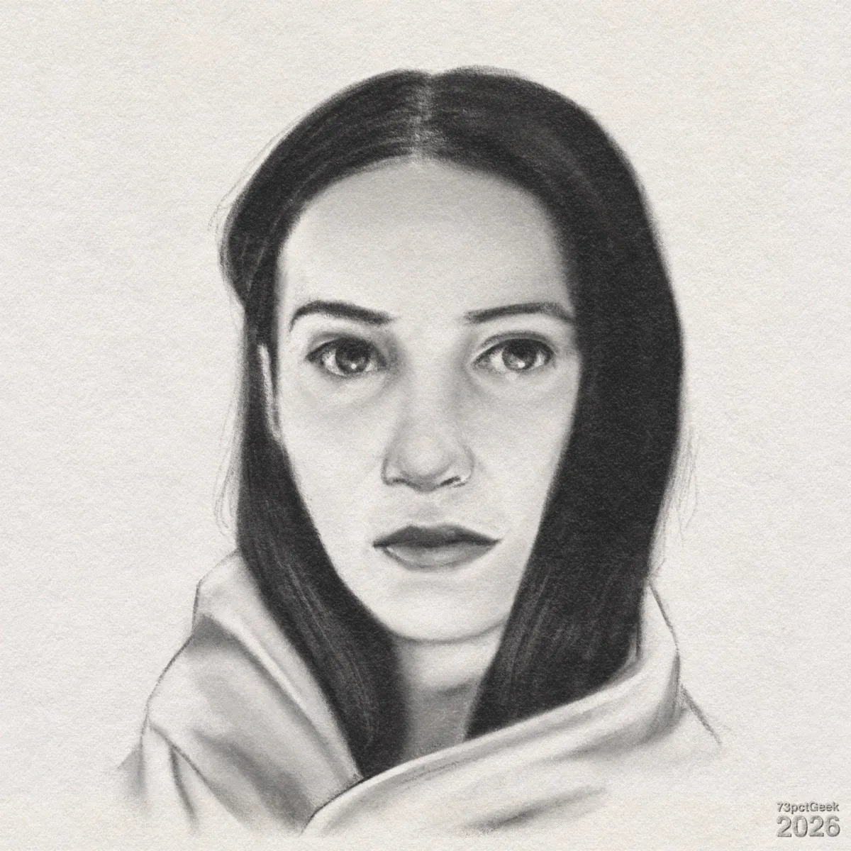 Digital graphite portrait of a woman’s face and upper shoulders. She has light skin, dark hair parted in the middle, dark brows, and large eyes with a direct gaze. A light-coloured shawl is wrapped around her shoulders and neck, pulling her long, straight hair slightly inwards. Watermarked: 73pctGeek 2026. 