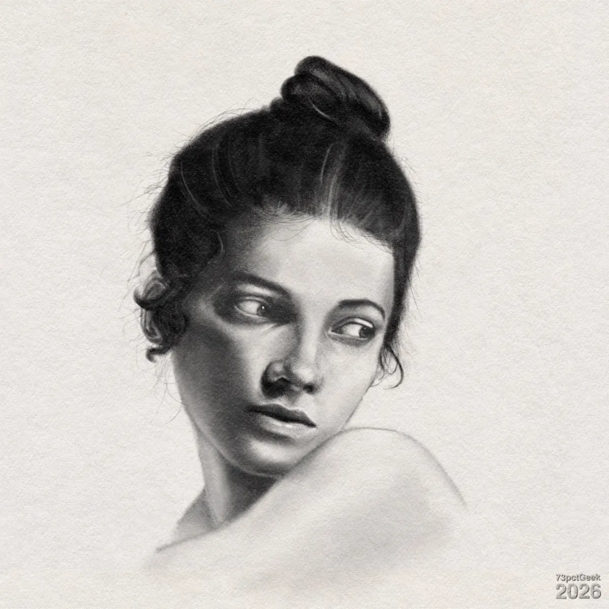 Digital graphite of a young woman’s head and bare shoulder. Her dark hair is pulled up into a bun on top of her head, with a few wisps curling near the ears. Watermarked: 73pctGeek 2026.
