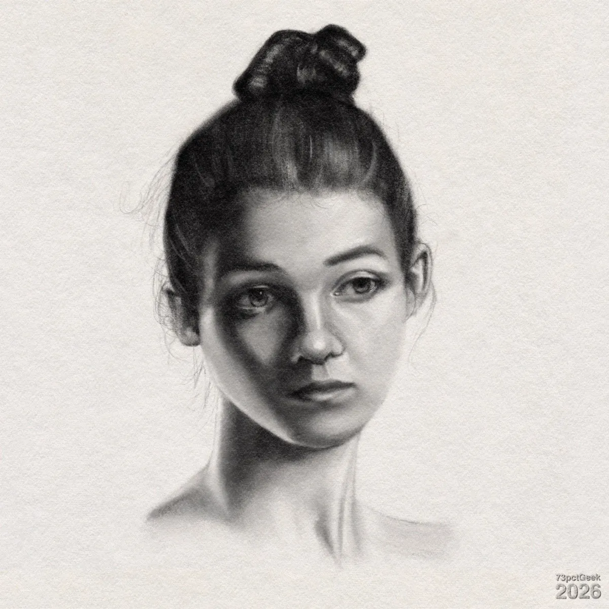 Digital graphite sketch of a young woman’s head and upper shoulders. Her dark hair is pulled into a high bun. Watermarked: 73pctGeek 2026.