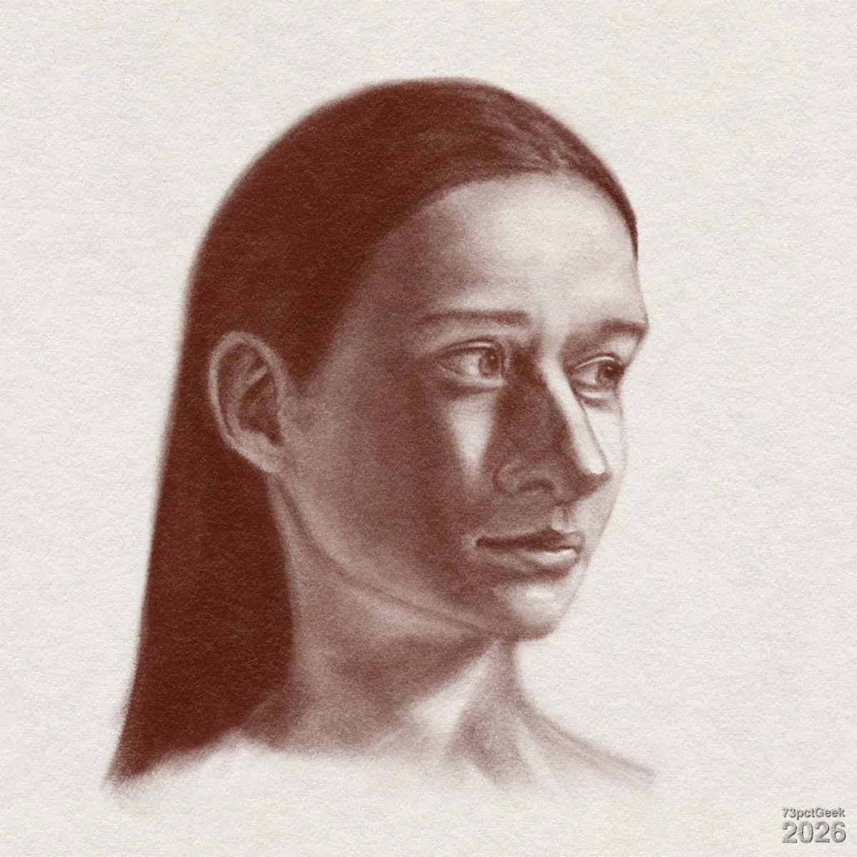 Digital graphite sepia sketch of a young woman’s head and shoulders in three-quarter profile, facing right. Her hair is long, dark, and pulled back smoothly, with her right ear visible. Her skin is shaded in soft tones, and she wears a relaxed, neutral expression with a closed mouth. Her bare shoulders have minimal detail, and fade into the background. Watermarked: 73pctGeek 2026.