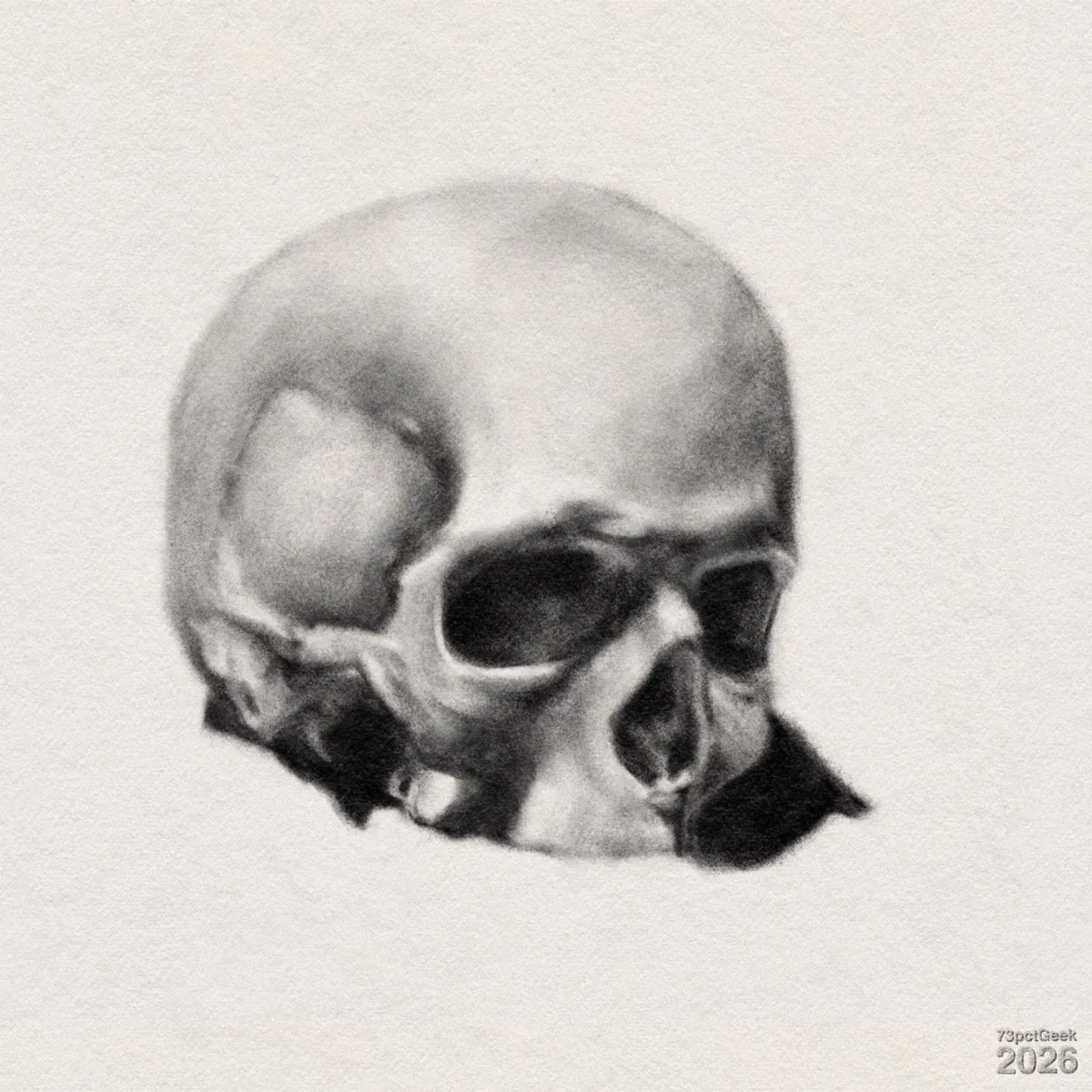 Digital graphite sketch of a human skull shown from a slight angle, with darkly shaded eye sockets and nasal opening. The lower jaw is not shown. Watermarked: 73pctGeek 2026.