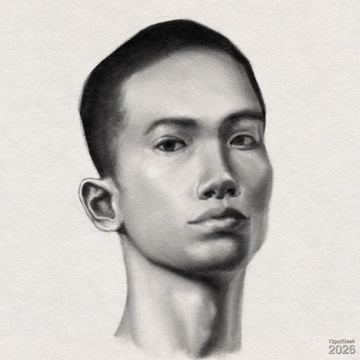Digital graphite portrait of a young man’s head and neck in a three-quarter view. He has dark, close-cropped hair, and his right ear is visible. Watermarked: 73pctGeek 2026.