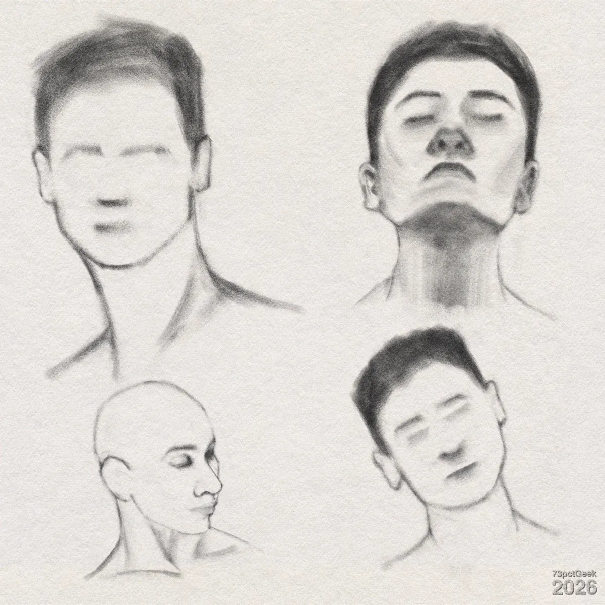 Digital graphite head-and-neck studies of four male heads with different angles. The faces have minimal detail. Watermarked: 73pctGeek 2026. 