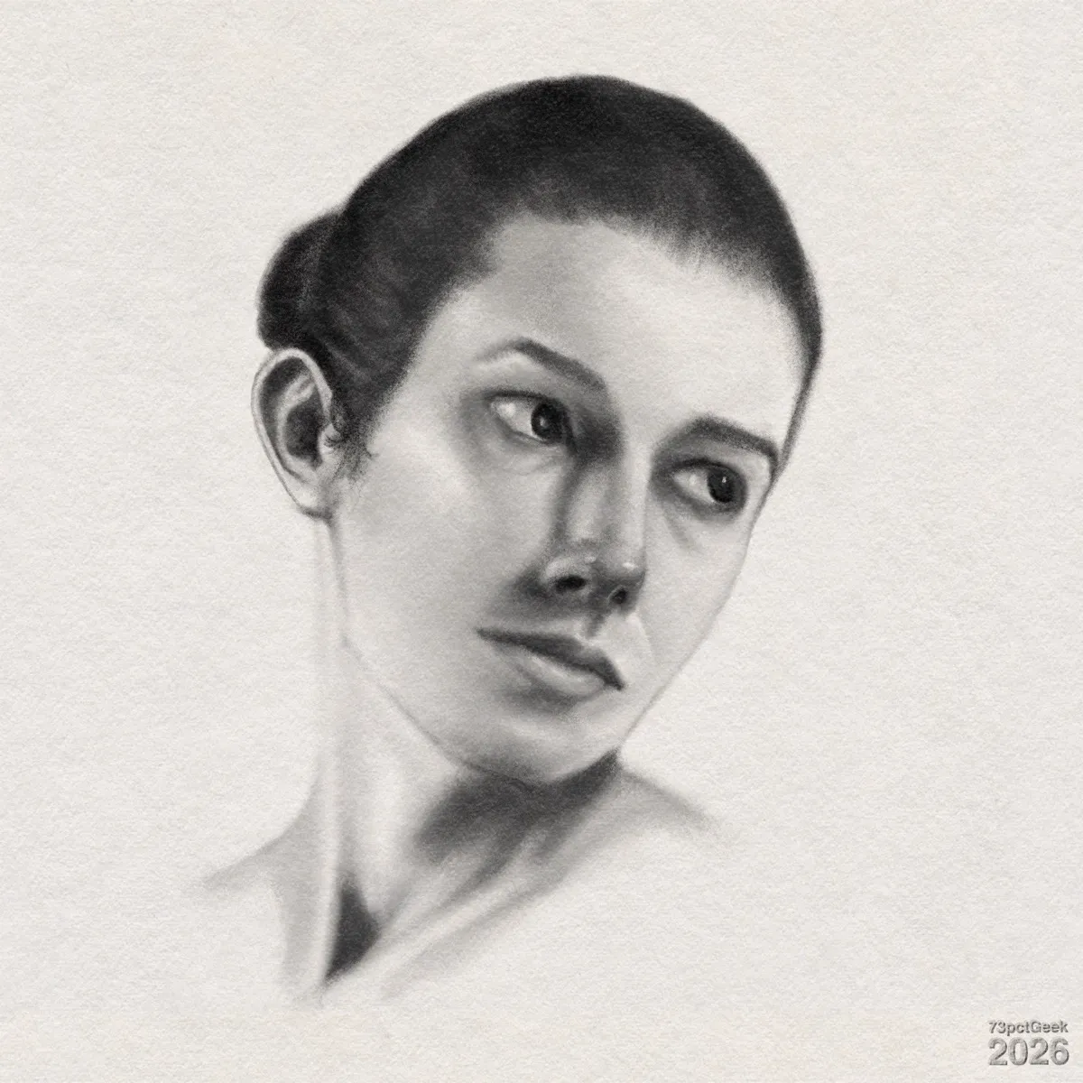 Digital graphite portrait drawing of a young woman’s head and upper shoulders that fades away from the neck. Her hair is dark and pulled back into a bun. Watermarked: 73pctGeek 2026.