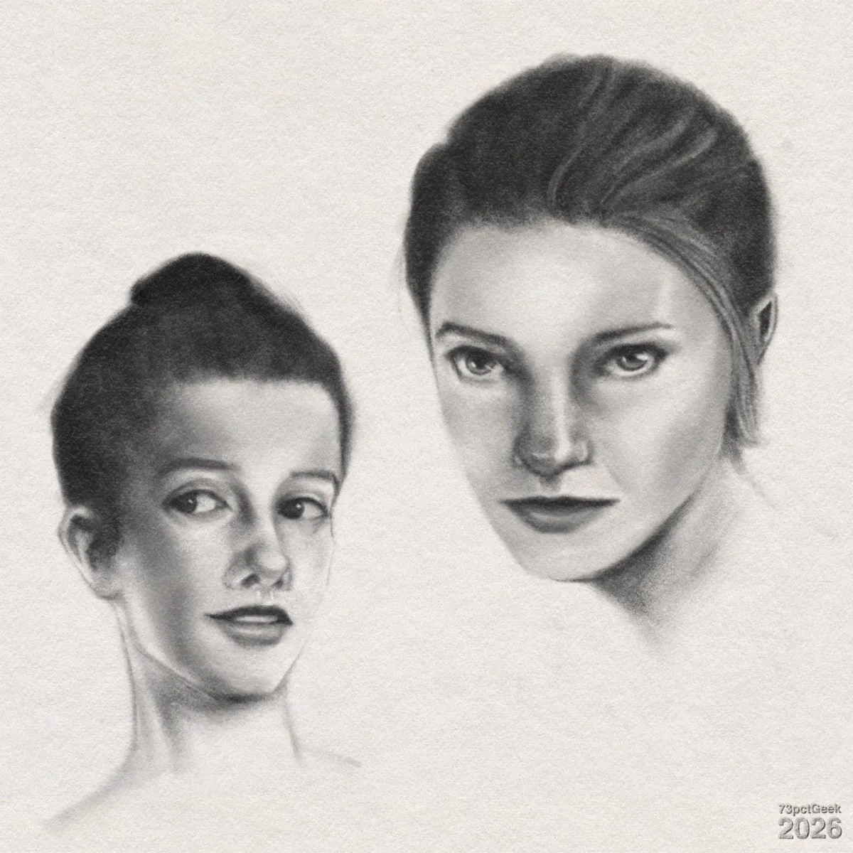 Digital graphite sketches of two women’s faces, the leftmost one is slightly more stylised than the other. On the left, a woman with dark hair pulled into a high bun looks to her right, and sports a slight smile. Her head is slightly angled. On the right, a woman with dark hair worn pulled back looks slightly upwards. Her head is slightly tilted downwards. Watermarked: 73pctGeek 2026. 