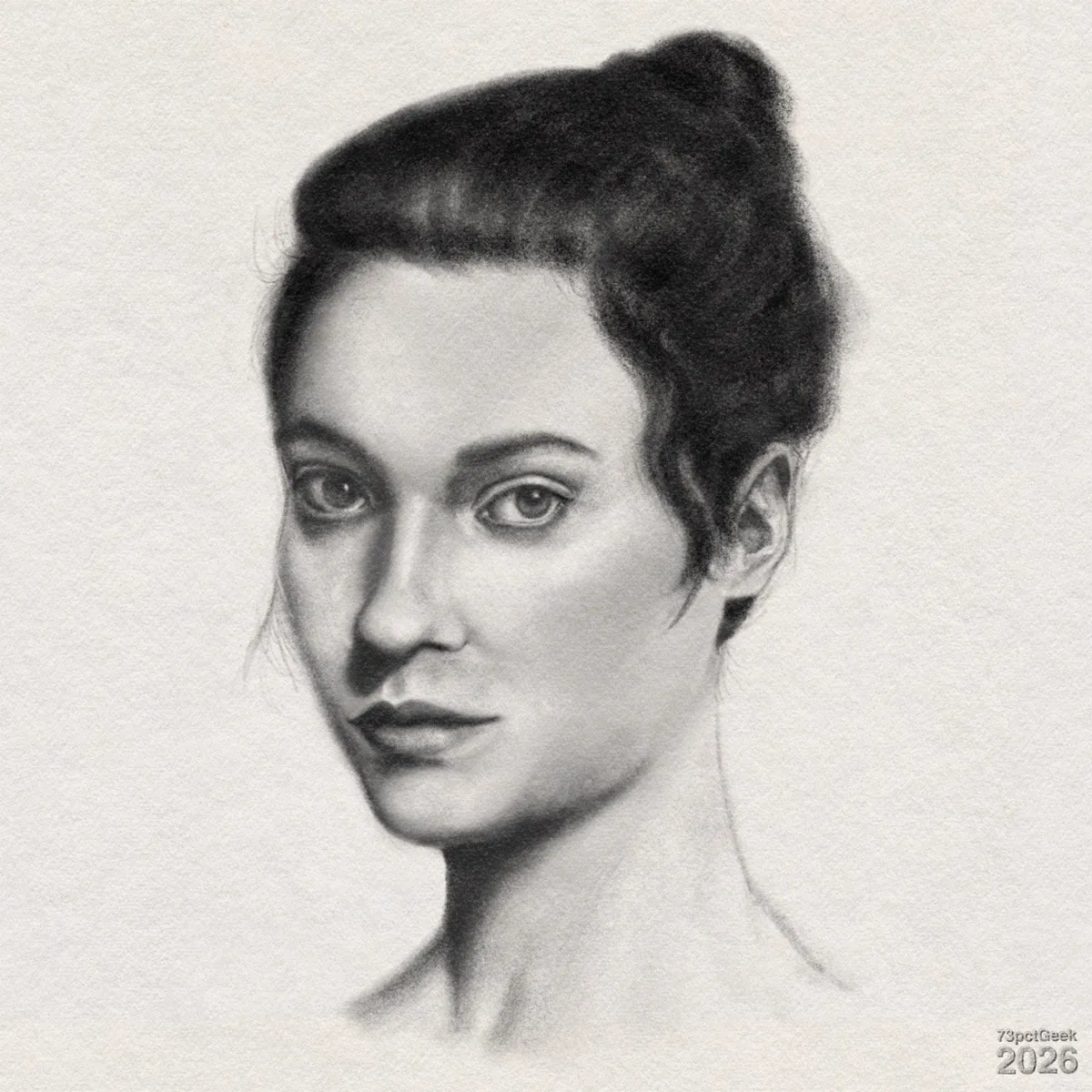 Digital graphite sketch of a woman’s head and neck. Her dark hair is swept up into a loose bun with a few wisps near the forehead and ear. She has arched eyebrows, and large eyes. Watermarked: 73pctGeek 2026.