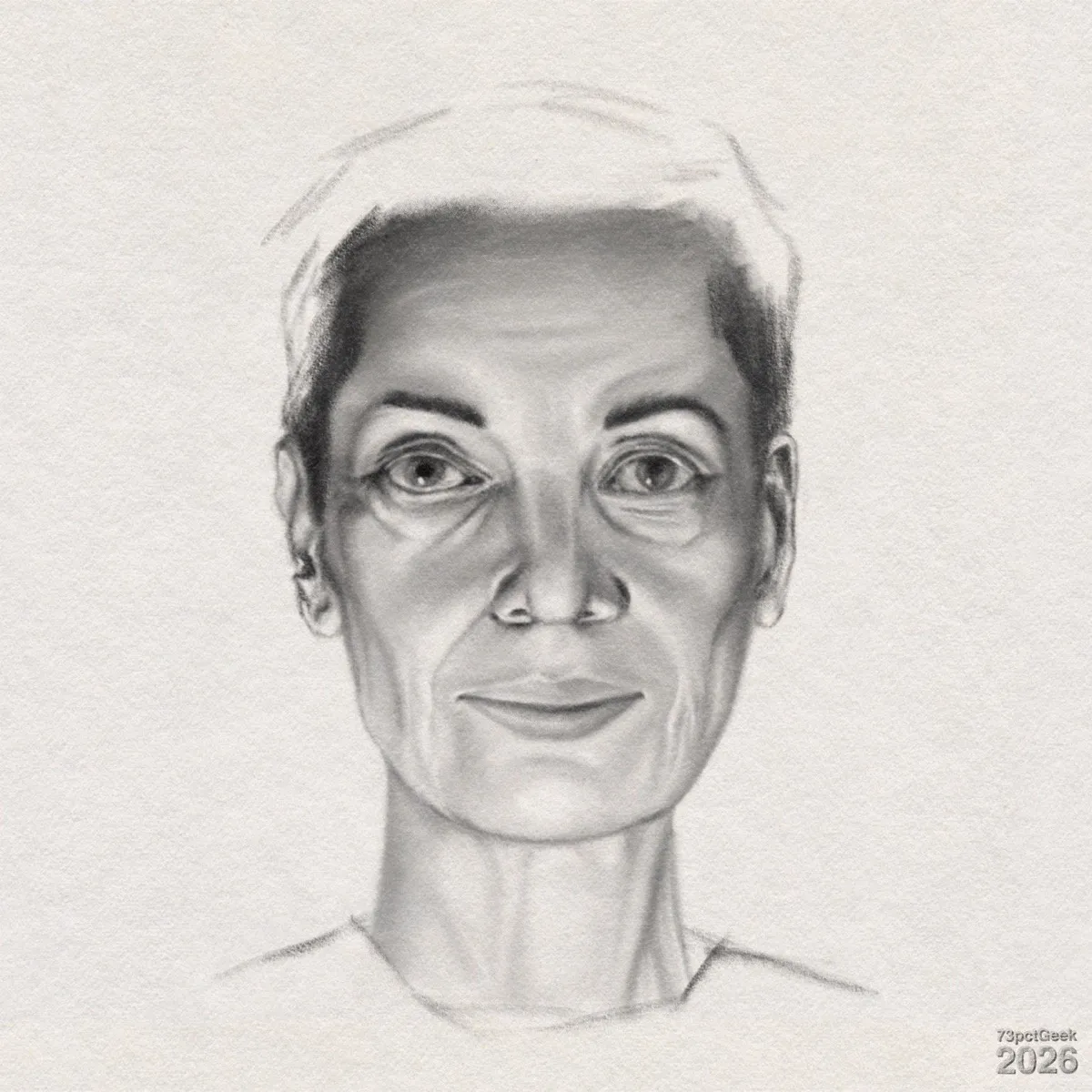 Unfinished digital graphite sketch of an older woman’s face and neck, seen straight on. Watermarked: 73pctGeek 2026. 
